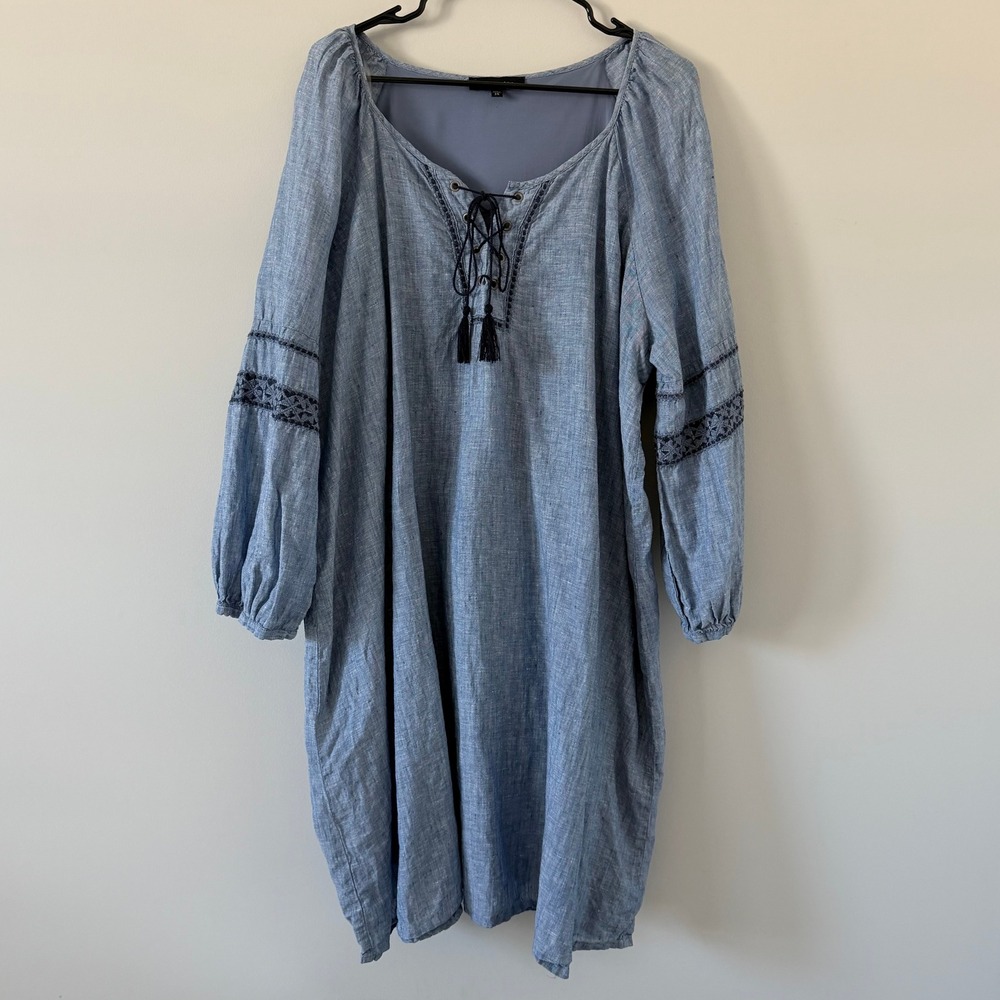 Sanctuary Chambray Blue 100% Linen Embroidered Lace Up Tassel Midi Dress Size 3X